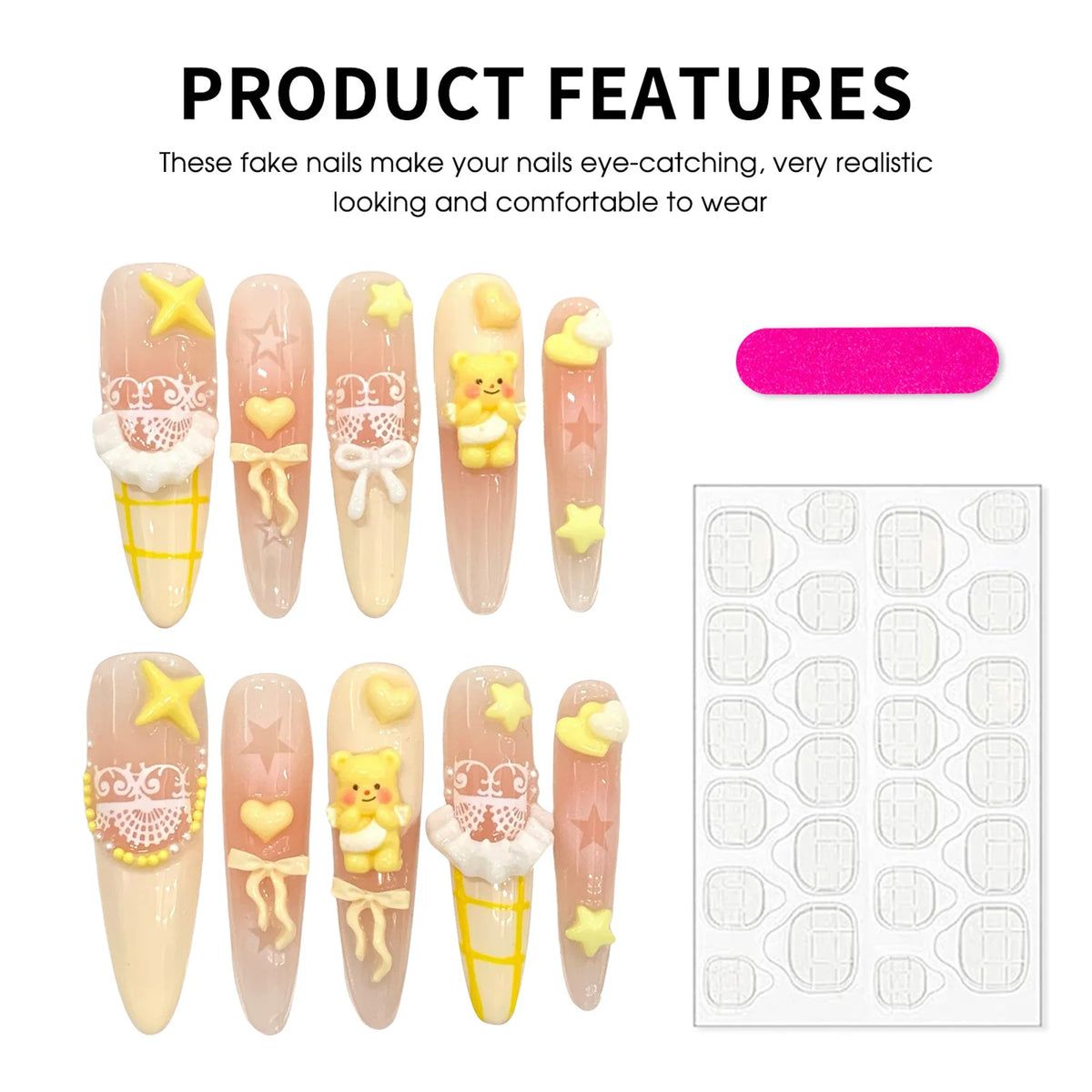 10pcs Handmade Press On Nails Kawaii Yellow Bear Bowknots Star Decor Y2k Fake Nails Blush Almond French Tips Ballet False Nail