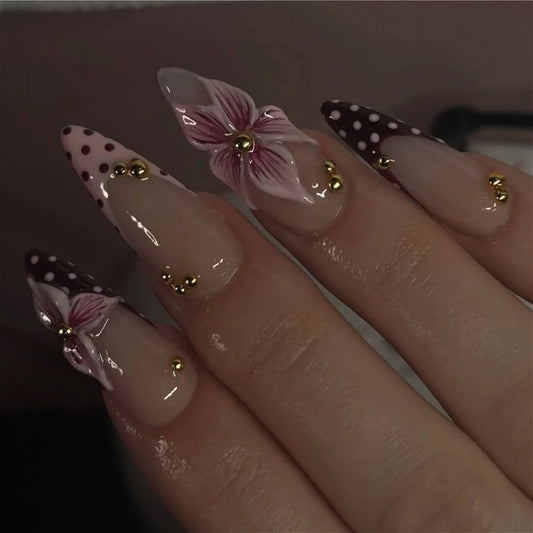 Polka Dot French 3D Flowers Metal Bead Chic Summer Long Pointed Almond Fake Nails Detachable Finished False Nails Press on Nails