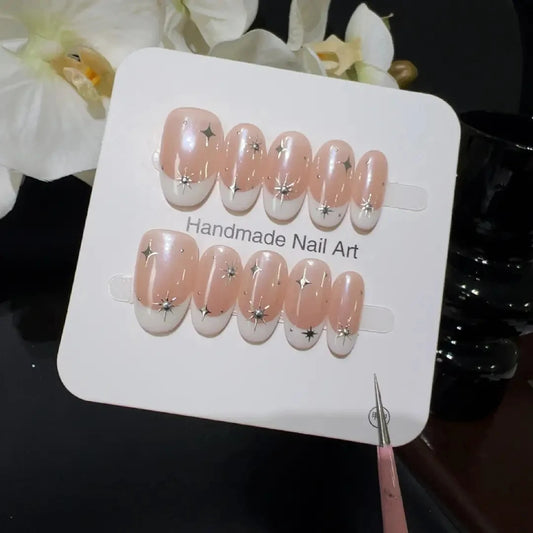 10pcs high-end Starlight small diamond handmade French Tip Nails, Light luxury pink-themed nail art