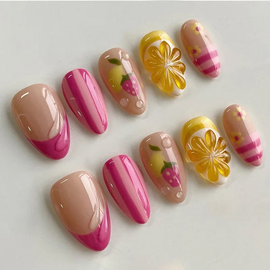 24pcs Wearable Press on Nails Pink Short Almond Fake Nail Flower French False Nails Strawberry Lemon Full Cover Nail Finished