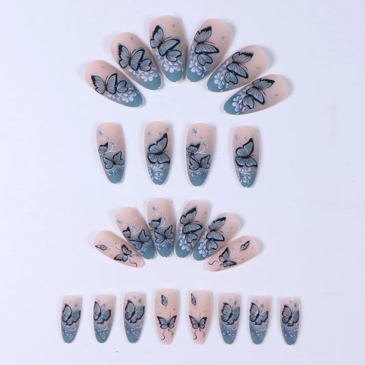 24PCS Blue Ballet-Shaped Fake Nails, Blue Butterfly Pattern, Blue Flower Pattern Decoration, Delicate and Elegant, Suitable for