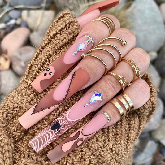 24pcs Long Coffin Fake Nail Tips Halloween Spider Web Print Press on Nail Wearable Detachable European Gothic Punk  False Nails
