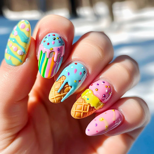 24pcs Macaron Ice Cream Press On Nails Summer Day Sweet Detachable False Nails Colorful Almond Spicy Girl Wearable Fake Nail