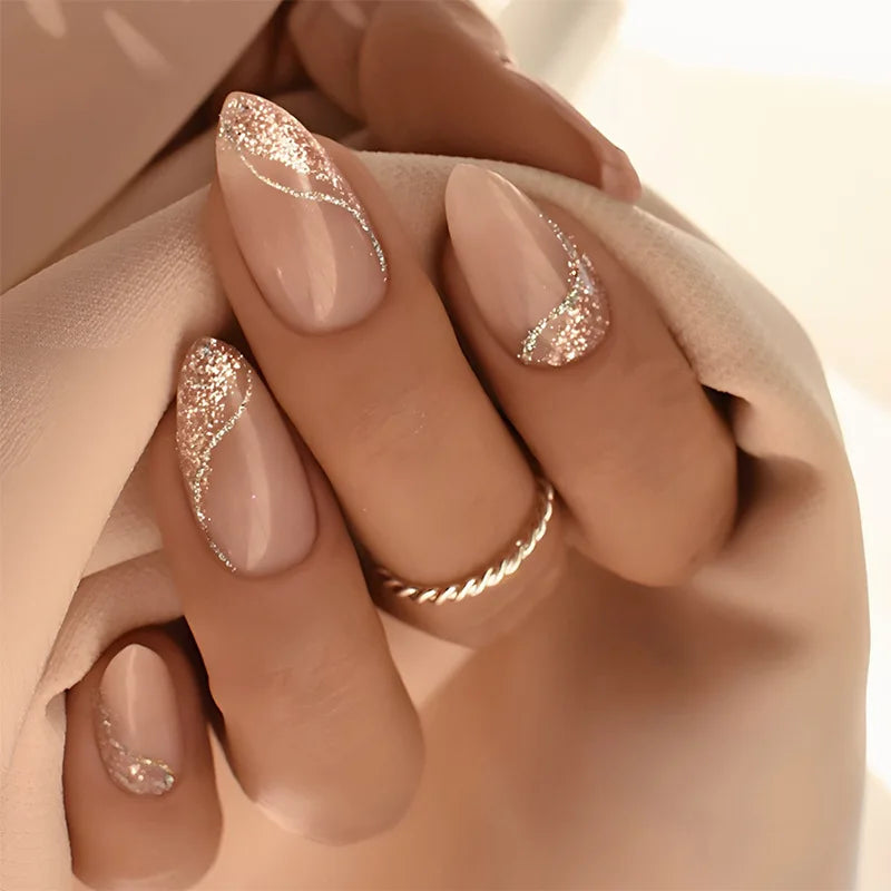 24pcs Wave Lines French Design False Nail Long Almond Nails Sets Press on Simple Shiny Powder Pattern Reusable Fake Nails Tips