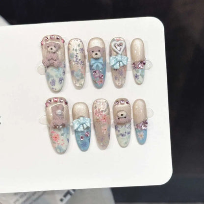 10pcs Light Blue Fragments Floral Press On Nails Handmade 3D Cute Bear Bows Heart Decor False Nail Sweet French Style Fake Nail