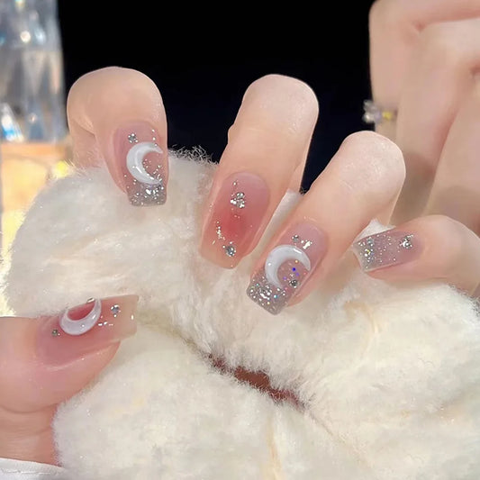 24pcs Sweet False Nails Finished Sets Gradient Pink Mid-length Ballet Fake Nail Tips Wit Rhinestone Moon Design Press on Nails