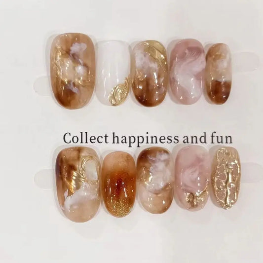 10Pcs Amber Color Smudge Almond Nail Tips Art Gold Foil Design Stick on False Nails Cat Eye Glittering Detachable Handmade Nails