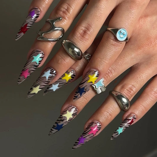 24pcs Sweet Cool Spicy Girls Fake Nails Black Leopard Printed Long Pointed False Nails With Colorful Star Designs Press On Nail