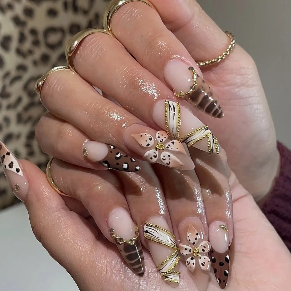 Harvest – Brown Floral 3D Almond Press-On Nails