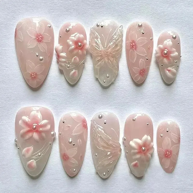 24Pcs Light Blue Smudge Fake Nails Press on Almond Gold Leaf Removable Long Full Cover Nail Tips Wearable Finished Nail Art