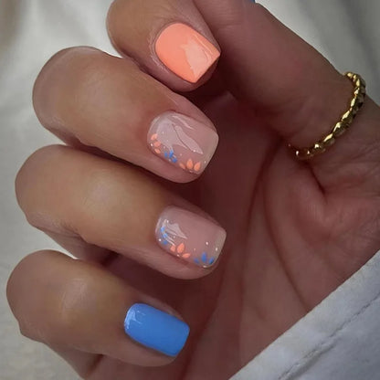 24pcs Wearable Full Cover Nail Ins Colorful Flower Design Stick on False Nails Short Square Press on Nails Nude Pink Fake Nail