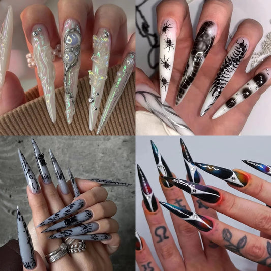 Punk Extra Long Pointed Fake Nails Art Dark Y2K Black Black Spider Centipede Rhinestone Pearl False Nail Press on Nails Manicure