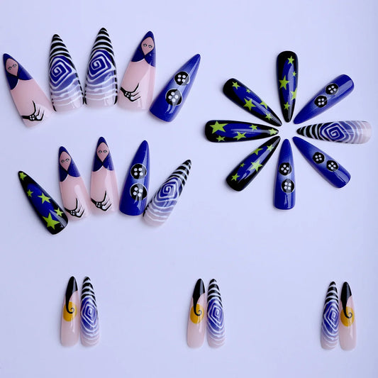 24pcs Spiral Stripes Pattern Press On Nails Star Pumpkin Lantern Halloween Elemants False Nail Blue French Syle Almond Fake Nail