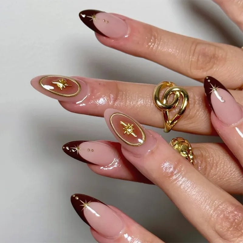 24Pcs Short Almond Fake Nails Butterfly Wings Nail Art with Glue Glitter Flower False Nails Acrylic Autumn Winter Press on Nail