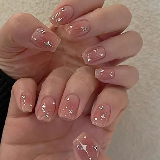 24pcs Sweet Nails Sets Press on Wearable Star Pattern Short Square False Nails Tips Pink Blush Fake Nail Art Rhinestone Manicure