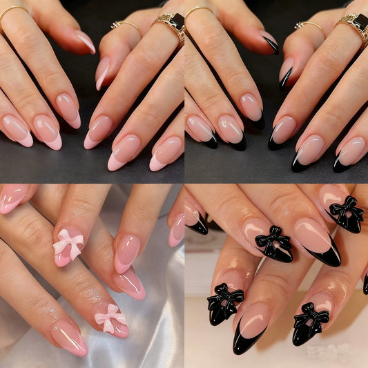 96PCS Black And Pink French Pointed Nail Short Almond Nail Press, With Butterfly Bow Design For Women'S Nails, Acrylic Fake Nail