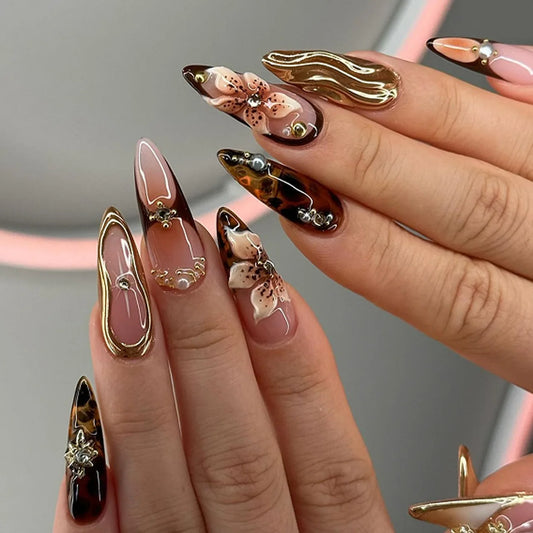 24pcs Glitter Diamond Press on Nails French Pearl False Nails Vintage Sweet Cool Fake Nails Leopard Print Nail Art Almond Nail