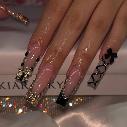 24Pcs Long Square Head French Fake Nail Tips 3D Love Heart Design Press on Nails with Rhinestone Pattern Wearable False Nail Art