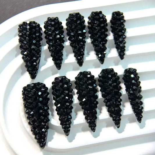 10pcs high-end Cool girl style, dazzling pure black round diamond, sparkling water diamond handmade fake nails