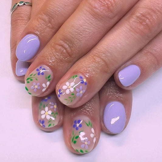 24Pcs Short Square Head Press on Fake Nails Summer Purple Simple Flower False Nails Detachable Artificial Full Cover Nails Tips