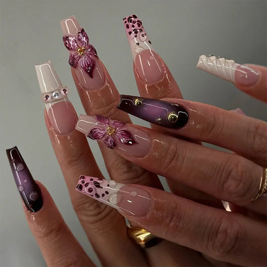 24Pcs Long Square Head Nails Set Press on Black Spot French Fake Nails 3D Pink Flower Smudge False Nails Reusable Manicure Tips