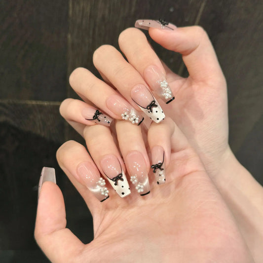 10Pcs Handmade Press on Nails Cat's Eye Polka Dot French Fake Nails 3D Bow Pearl False Nails Ballet Reusable Full Cover Nail Tip