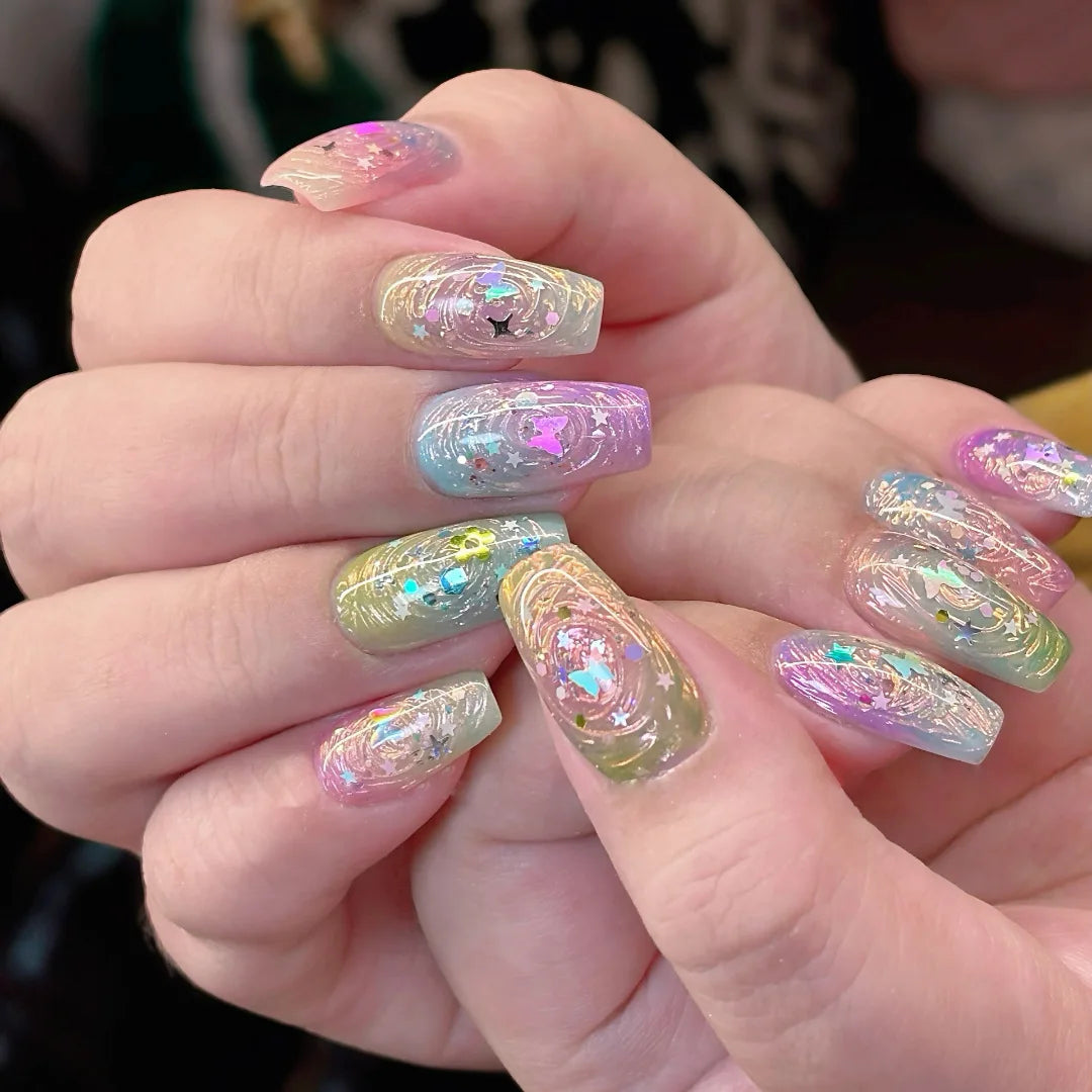 24Pcs Mid-length Ballet Press on False Nails with Pueple Gold Smudge Design Fake Nails Detachable Finished Full Cover Nails Tips