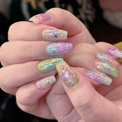 24Pcs Mid-length Ballet Press on False Nails with Pueple Gold Smudge Design Fake Nails Detachable Finished Full Cover Nails Tips