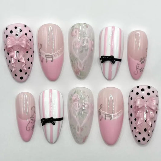 30pcs Creative Music Notes Vine Fake Nails Pink French Style Cat's Eye Lace False Nails Bows Polka Dot Designs Ins Press On Nail