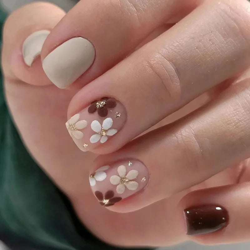 24pcs Wearable Full Cover Nail Ins Colorful Flower Design Stick on False Nails Short Square Press on Nails Nude Pink Fake Nail
