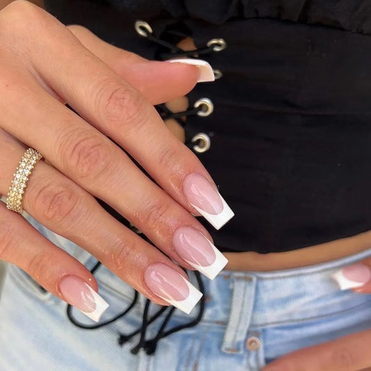 24pcs Mid-length Ballet Fake Nails Sets Gradient Glitter Stick on Nail Love Lines Design False Nail Tips Square Press on Nails