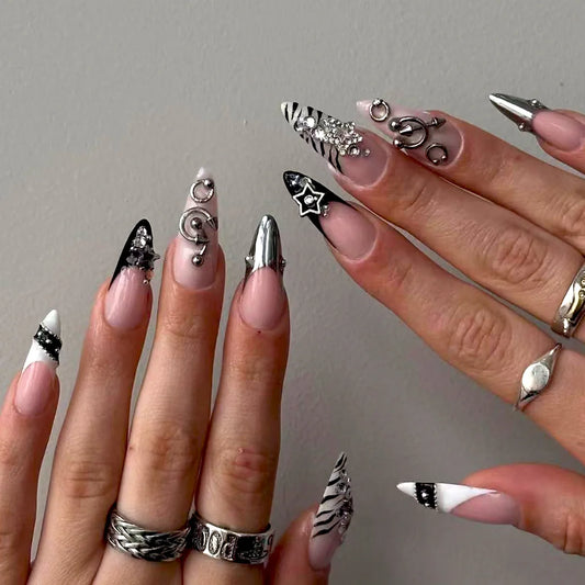 24pcs 3D Metal Punk Star Design Fake Nails Long Almond French Press on Nail European Gothic Punk Wearable Detachable False Nails