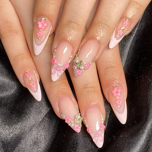 24Pcs Mid-length French Almond Press on Fake Nails 3D Bow Flower Butterfly False Nails Rhinestone Reusable Full Cover Nails Tips