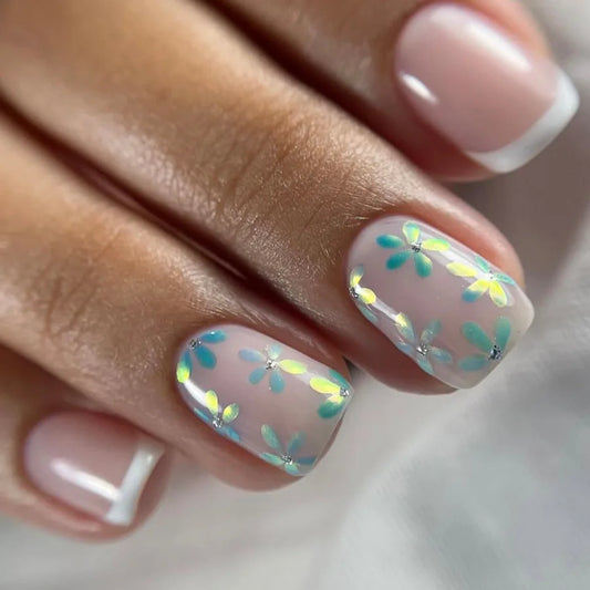24Pcs Short Square Head Press on False Nails with Blue White French Flower Design Fake Nails Art Reusable Full Cover Nails Tips