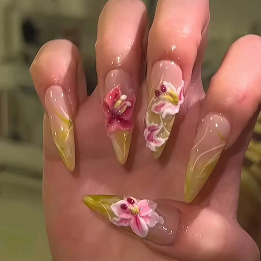 24Pcs Almond Detachable Full Cover False Nails Tips 3D Flower Gradient with Design Press on Nails Artificial Fake Nail for Woman