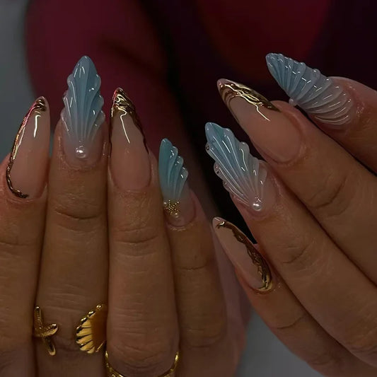 24pcs Long Almond Fake Nail Art Gradient Blue Seashell Pearl Design Nails Tips Wearable False Nail Fashion Press on Nails Sets