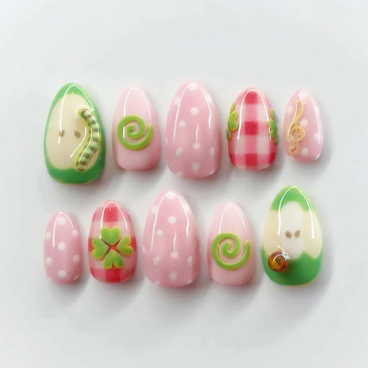 30pcs Music Orchard Series False Nails Cute Little Bug Music Notes Designs Pink Green Almond Press On Nail Polka Dot Fake Nail