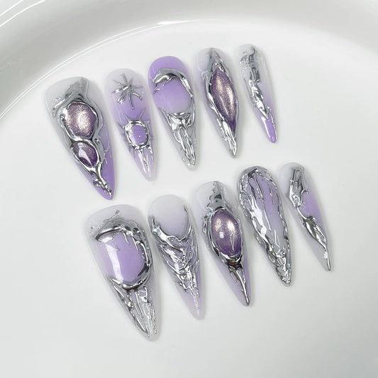 10Pcs Sweet Cool Light Purple Long Fashion Nail Shiny Gradient Cat Eye False Nails Metallic Handmade Nail Spicy Girl Detachable