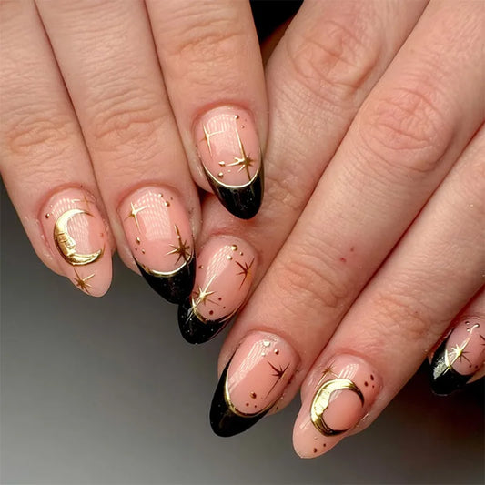 24Pcs Short Round Head Full Cover Nails Tips Black French Gilding Moon Star Design Fake Nails Oval Reusable Press on False Nails