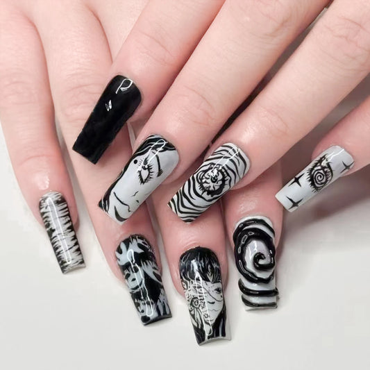 24pcs Japenese Style Coffin False Nails Horror Ghost Balck White Manga Style Fake Nail TIps Full Cover Halloween Press On Nails