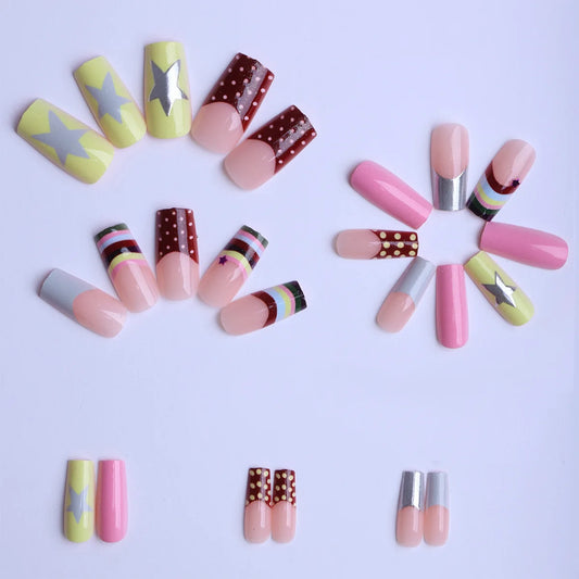 24pcs Dopamine Rainbow Graffiti French style Press On Nails Y2k Silver Star Coffin Fake Nails Yellow White Wave Point False Nail