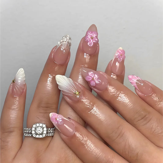 24pcs Flower False Nails Press on Mid-length Almond Nails Art Seashell Pearl Design Fake Nail Finished Datachable Pink Manicure