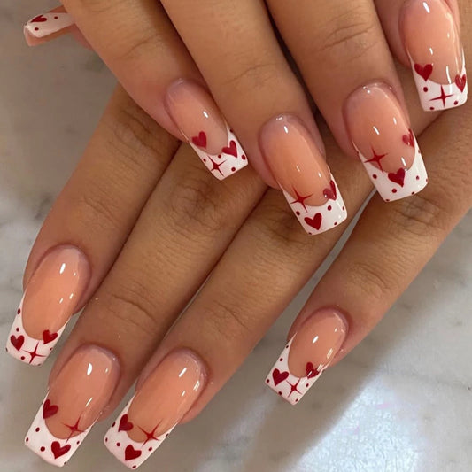 24pcs White Square Red Hearts Cover Fake Nails Detachable and Reusable Jelly Glue 1pc Cuticle Pusher Suitable for Girl and Women