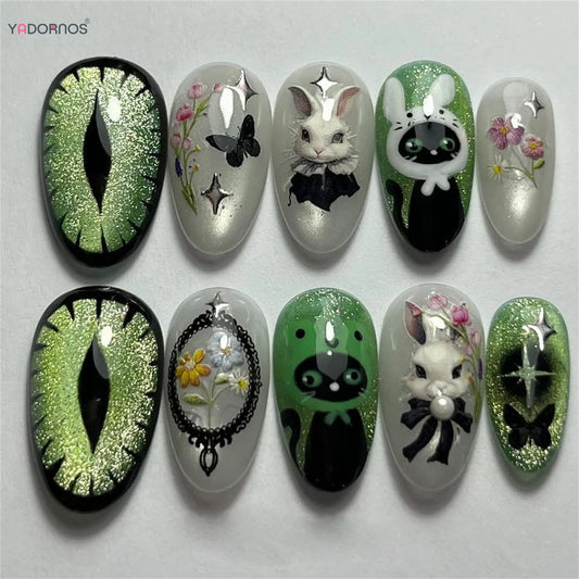 24pcs Black Cat's Eye Press On Nails Glossy Green Almond Sweet Cool False Nails With Cute Rabbit Flower Printed Fake Nail Tips