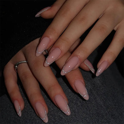24pcs Wave Lines French Design False Nail Long Almond Nails Sets Press on Simple Shiny Powder Pattern Reusable Fake Nails Tips