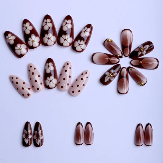 24pcs Retro Brown Petals Fake Nail Tips Sweet Cool French Almond Press on Nails Wearable Reusable Glossy False Nails Patches