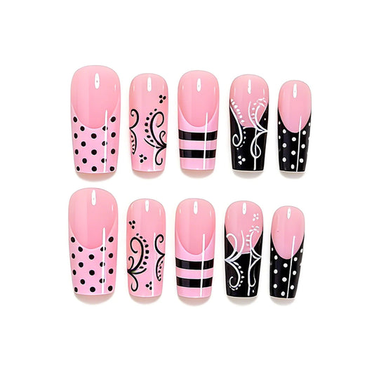 24pcs Sweet Punk Fake Nail Tips Pink Black French Polka Dot Striped Design INS Fashion Press On Nails Long Coffin False Nails