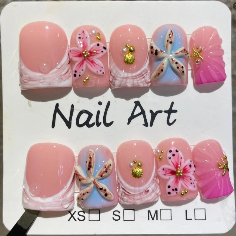 10pcs French Square Handmade Press on Nails Summer Ocean Series False Nails 3D Flower Wearable Fake Nail Uñas Накладные Ногти