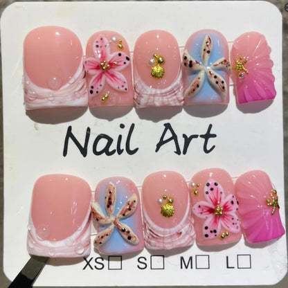 10pcs French Square Handmade Press on Nails Summer Ocean Series False Nails 3D Flower Wearable Fake Nail Uñas Накладные Ногти