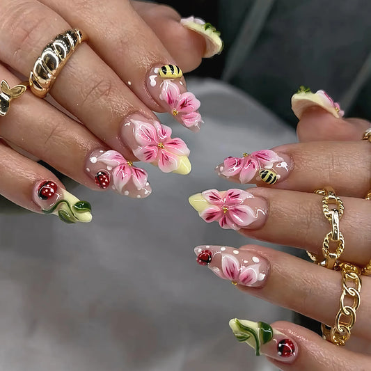 24pcs Flower Fake Nails Sets Polka Dot Stick on Nail Long Almond French Press on Nails Acrylic Summer Cute Ladybug False Nail